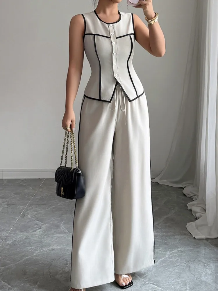 

Женский комплект из двух предметов, повседневный элегантный жилет на пуговицах, широкие брюки, комплект из 2 предметов, облегающий уличный комплект, хит продаж, комплект брюк для поездок на работу