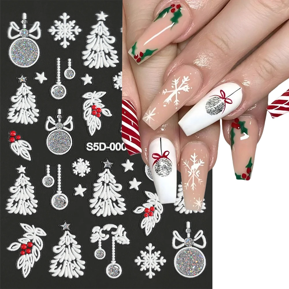 2 pièces or et argent lampe boule noël ongles autocollants 3D en relief arbre de noël flocons de neige arcs ongles décalcomanies manucure Nail Art fournitures