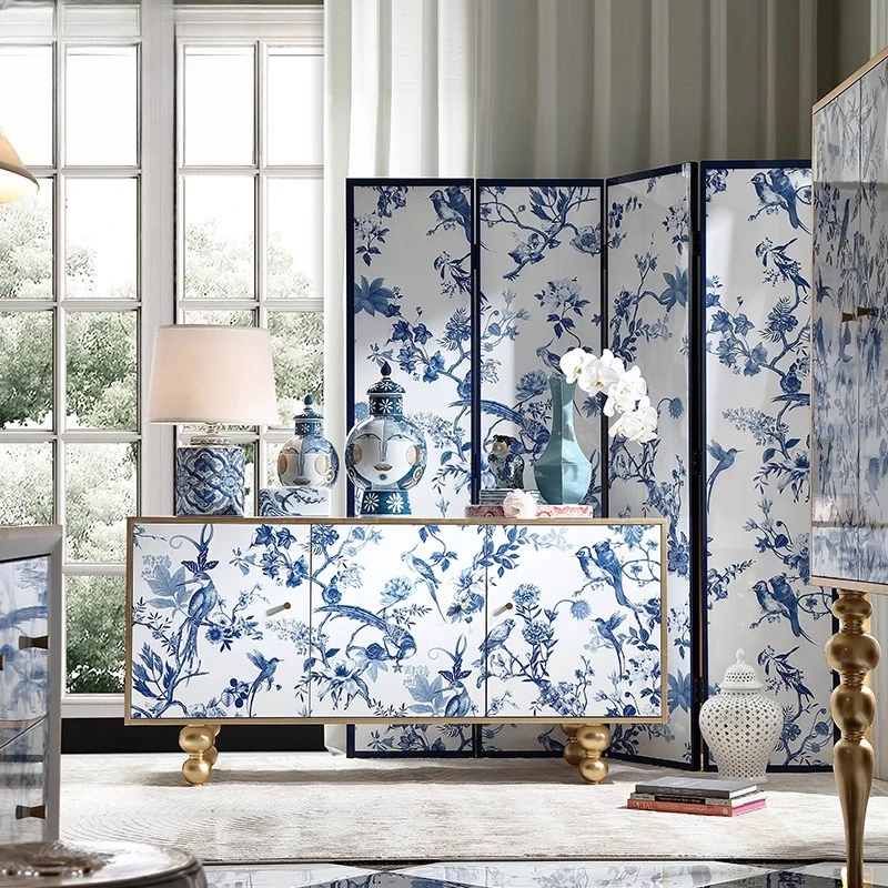 

French Chinese style dining side entrance cabinet Chinese blue and white porcelain screen decoration home American solid wood