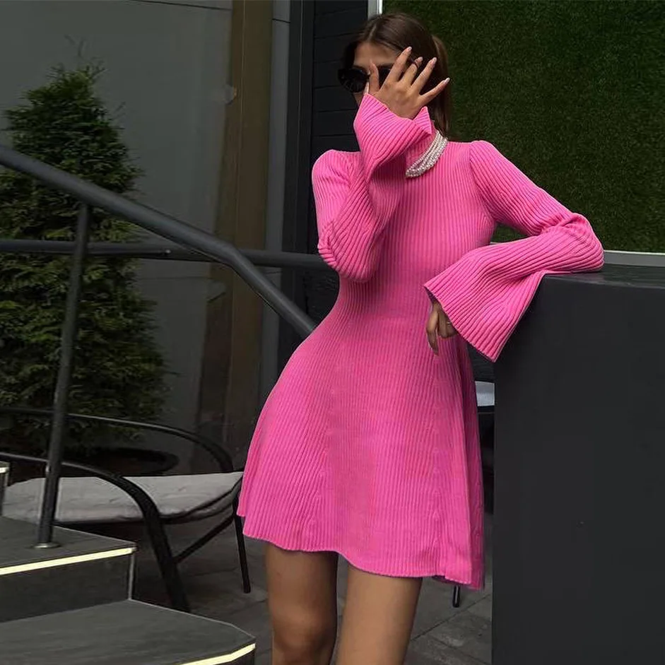 

Women Knitting Dress 2025 Autumn Winter Women's Turtleneck Knit Dress Solid Color A Line Bodycon Short Sleeve Long Sleeve Dress