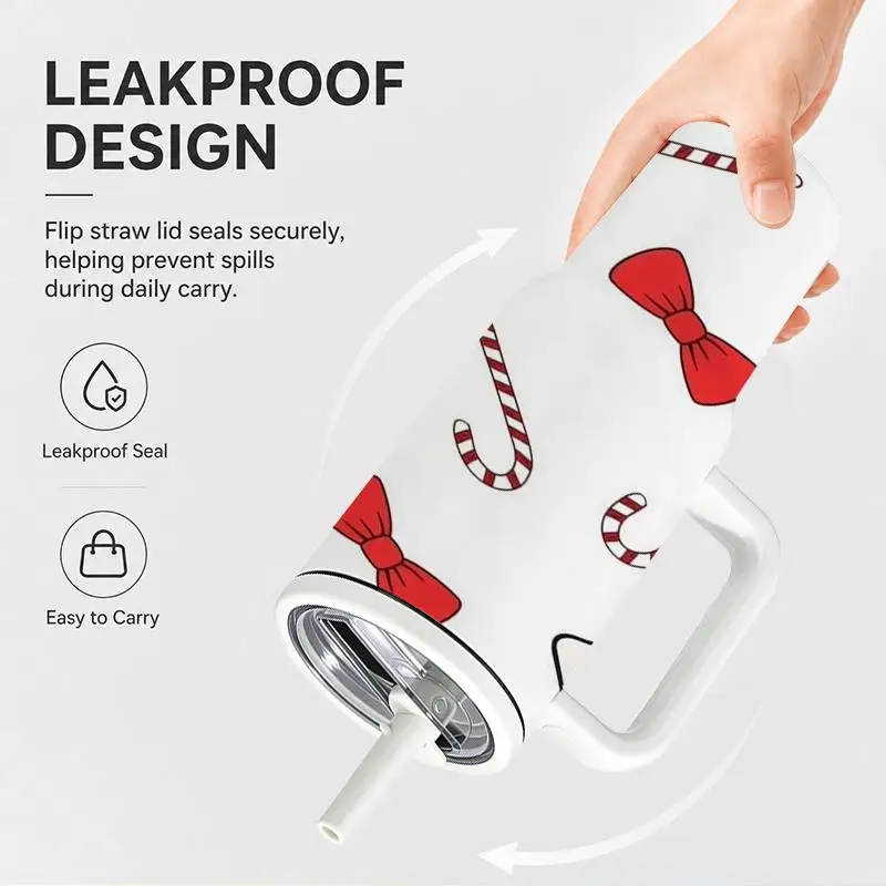 1pc 40oz 304 Stainless Steel Hand-held Cup Cute Christmas Snowman Reindeer Candy Cane Red Bow Tie Pattern Insulated Tumbler with Handle And Straw for Home Office Car Travel Suitable Gifts for Halloween Christmas And Other Special Festivals