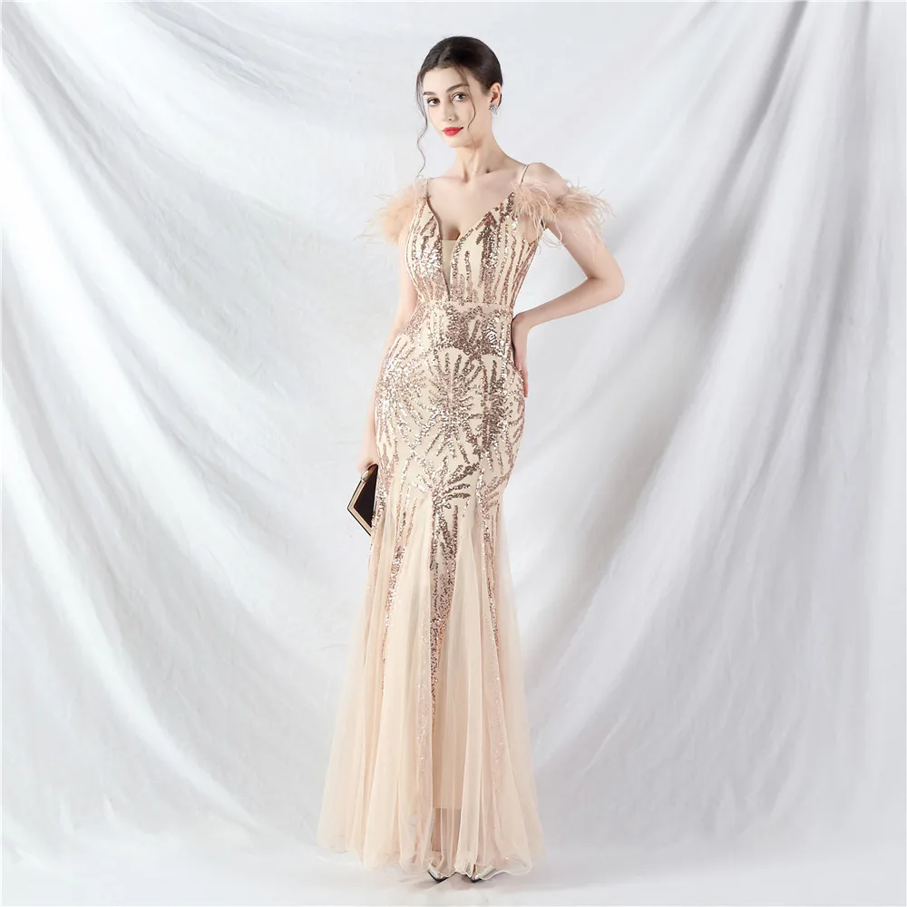 DEERVEADO Luxury Evening Dress with Feathers for Woman Elegant Mermaid Sequined Formal Occasion Dress Prom Party Maxi Dresses