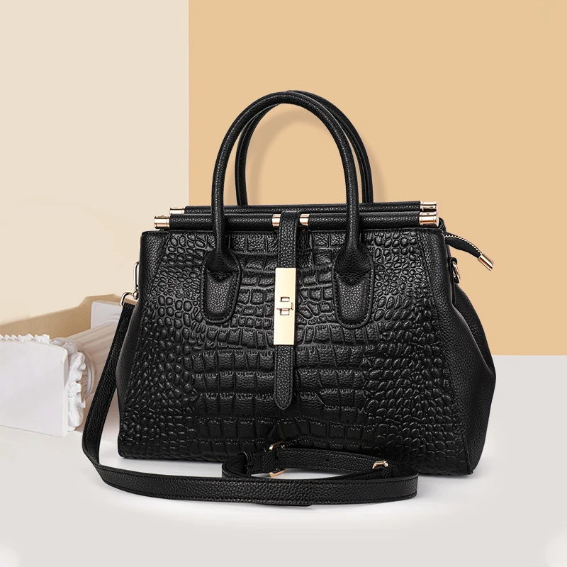 Aidrani Genuine leather women\'s handbag, large capacity crocodile patterned cowhide bag, black