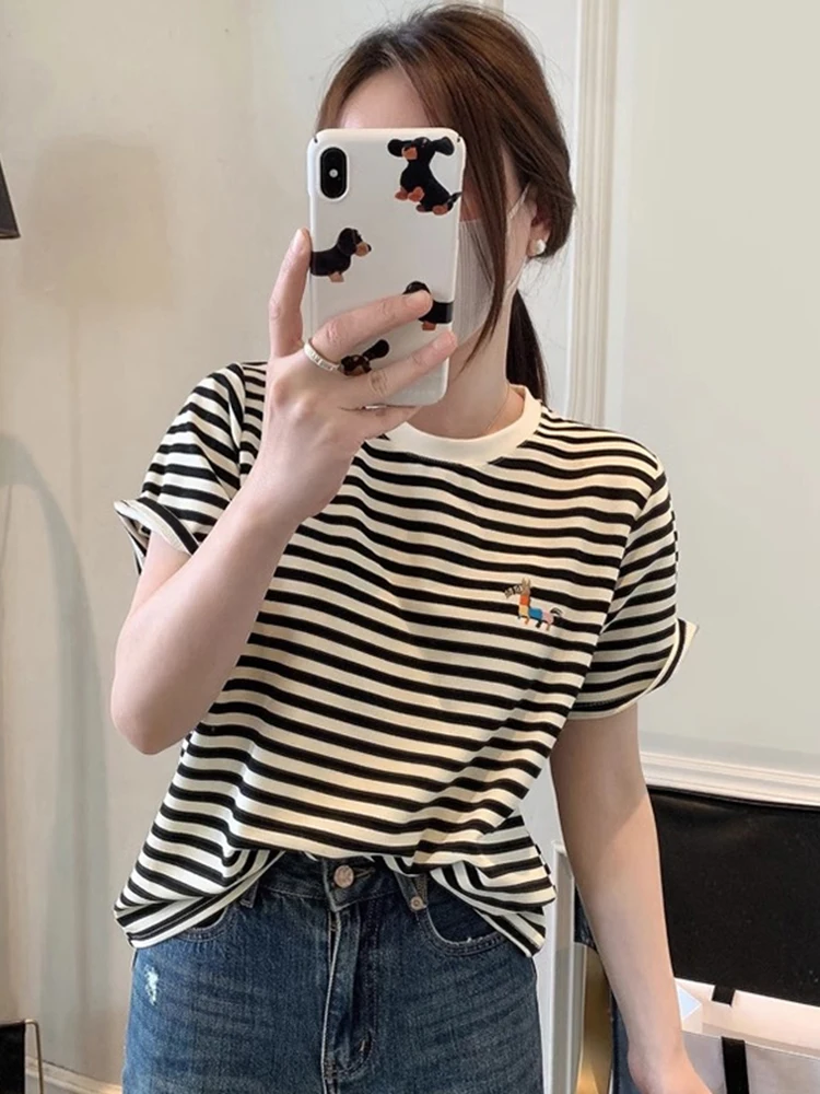 Faionable كلاسيكي مخطط ort Sve تي شيرت المرأة القطن الخالص قاعدة irt الصيف التخسيس الأعلى الكورية Sle جولة Ne