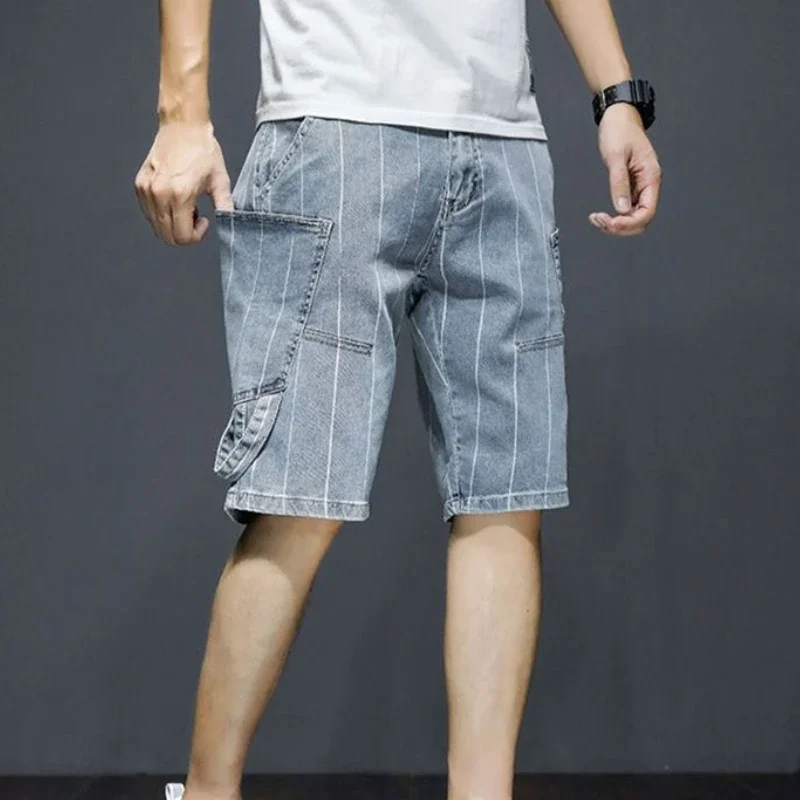 

Half with Pockets Men's Short Jeans Pants Long Bermuda Male Denim Shorts Cut Summer Streetwear Xl Y2k Fashion Thin Distressed