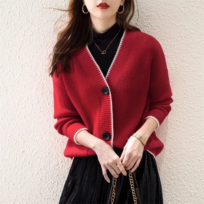 Women Trendy Vintage Simple Casual Single Breasted Knitted Cardigan Female Korean Y2K V Neck Long Sleeve Loose Chic Sweater Coat