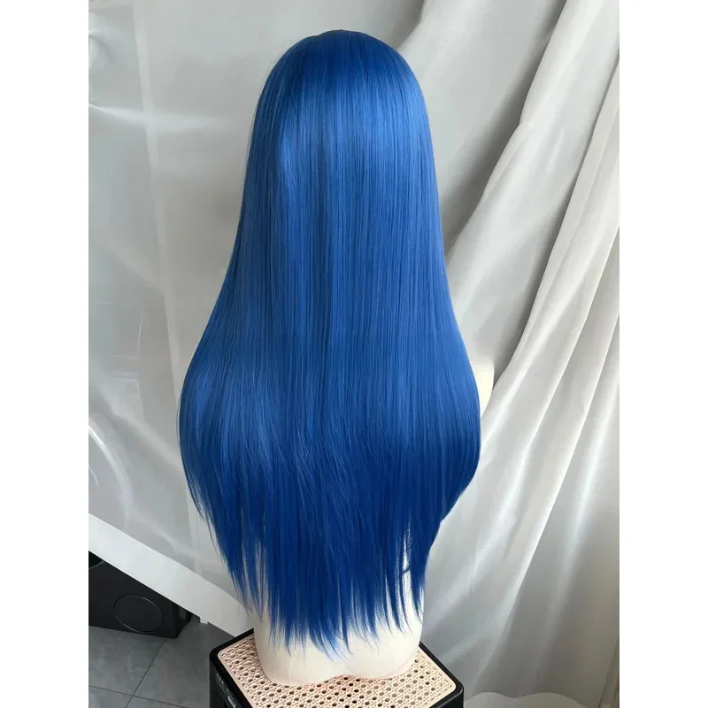 Peluca con malla frontal azul real, pelo largo liso 13*4, fibras resistentes al calor, peluca sintética de alta calidad, pelucas Jinx para Cosplay