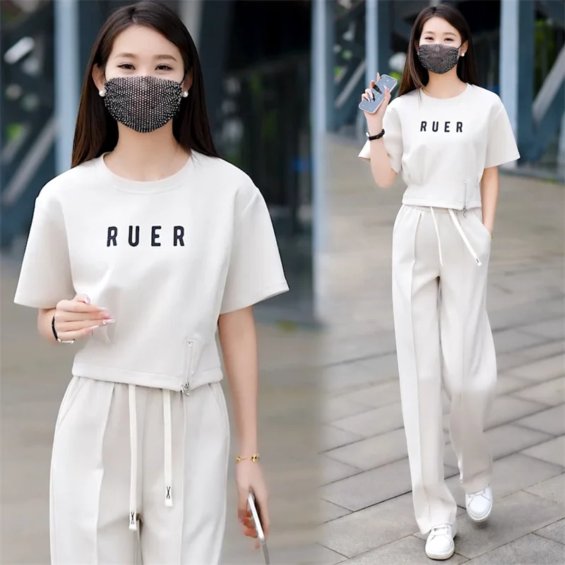 Faionable Sportswear Set Women's 2025 Summer New Korean Design Waist-Cinching Top Wide Leg Pants Two-Piece Set