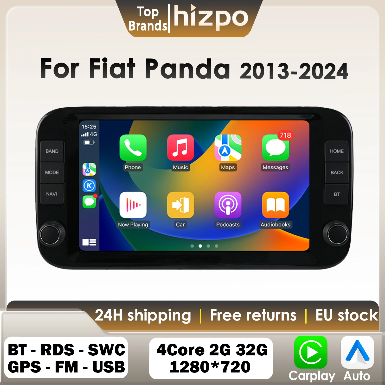 Hizpo 9 "CarPlay Android Auto Radio pour Fiat Panda 2013 - 2024 lecteur multimédia de voiture GPS RDS WIFI Carplay Android Auto tête Uint