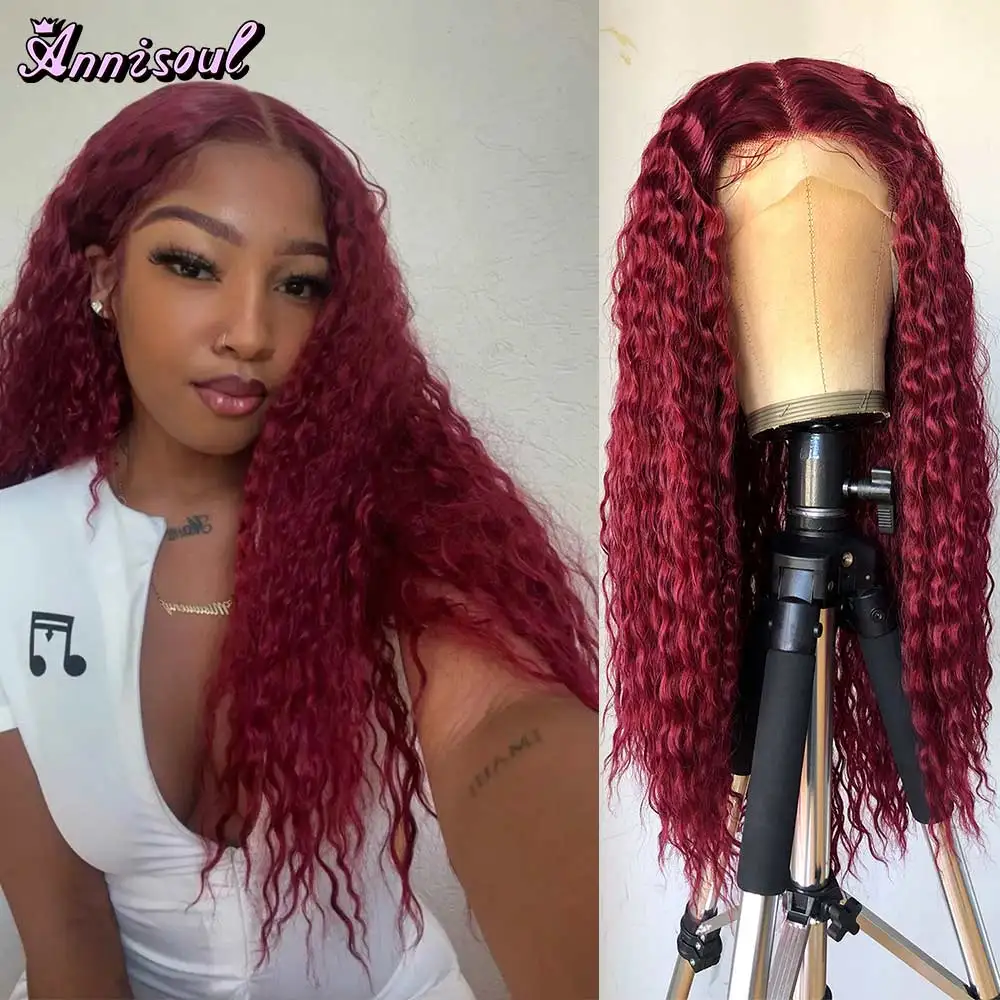 

26Inch Deep Wave Lace Front Wigs Burgundy Kinky Curly Synthetic Lace Frontal Wig for Black Women Pre Plucked with Baby Hair