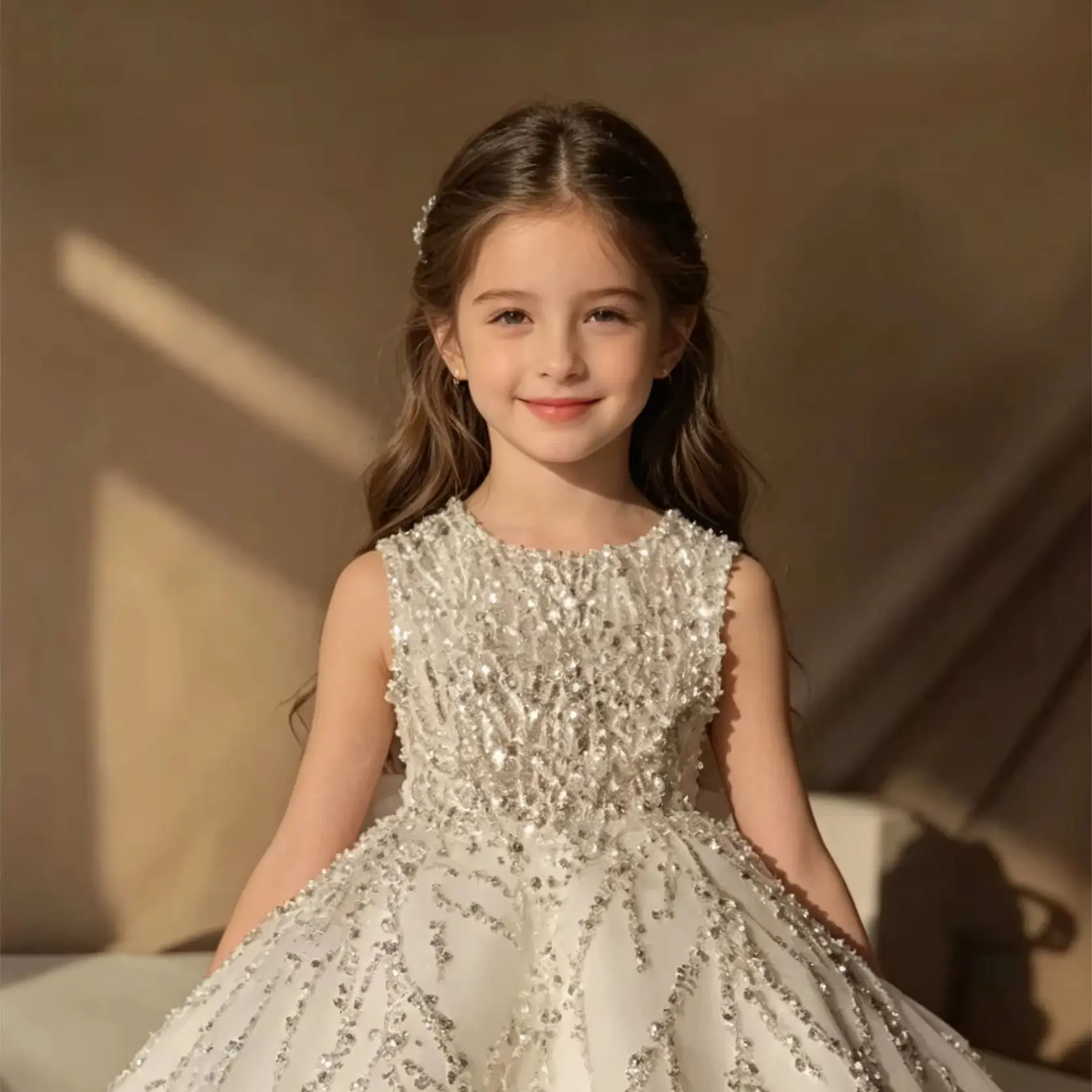 Elegant Flower Girl Dress for Wedding Sleeveless Beading Knee Lenght Kids Birthday Party First Communion Gowns Custom