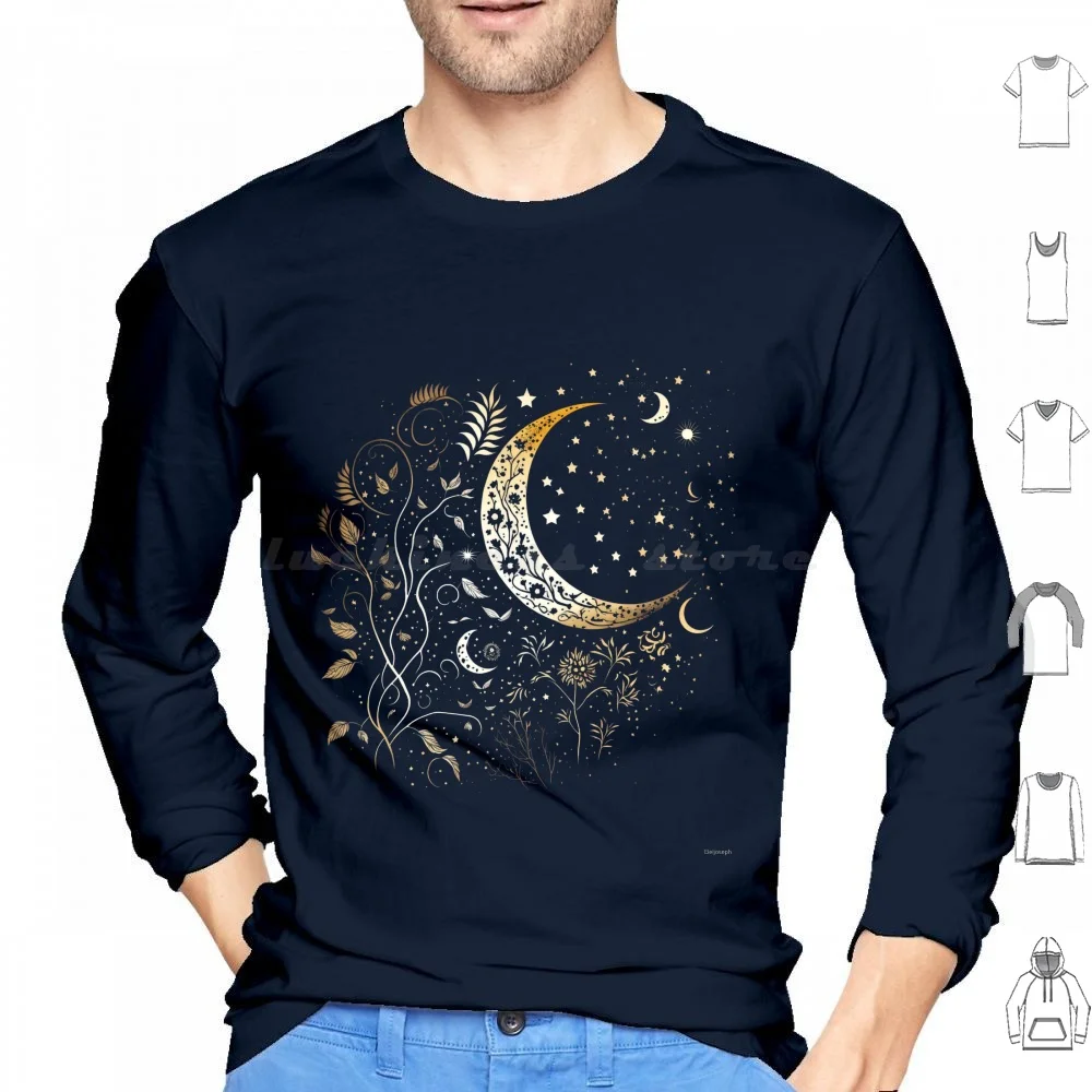 Crescent Moon Hoodie cotton Long Sleeve Crescent Moon Night Golden Stars Pattern Leaf Shining