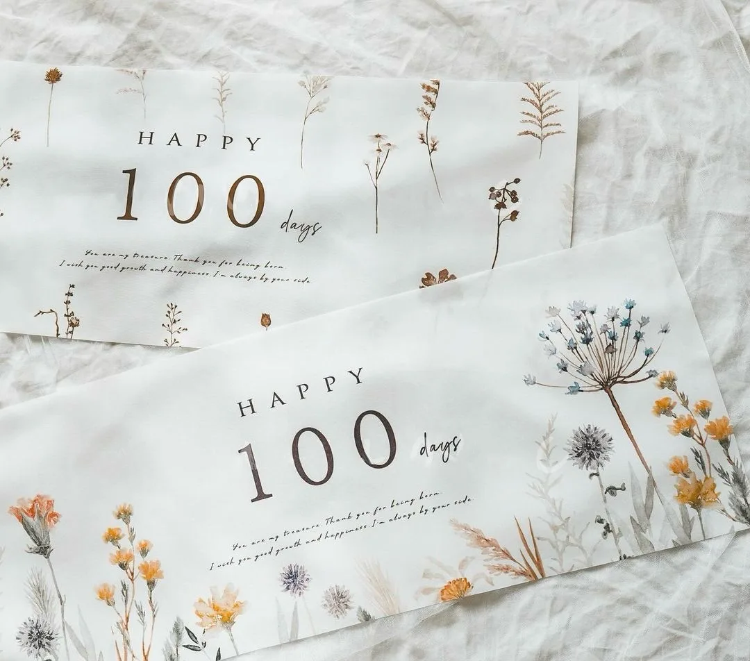 1PC Baby Shower White Plant Pattern Happy 100 Days Poster Birthday Flower Hanging Banner Backdrops Decoration