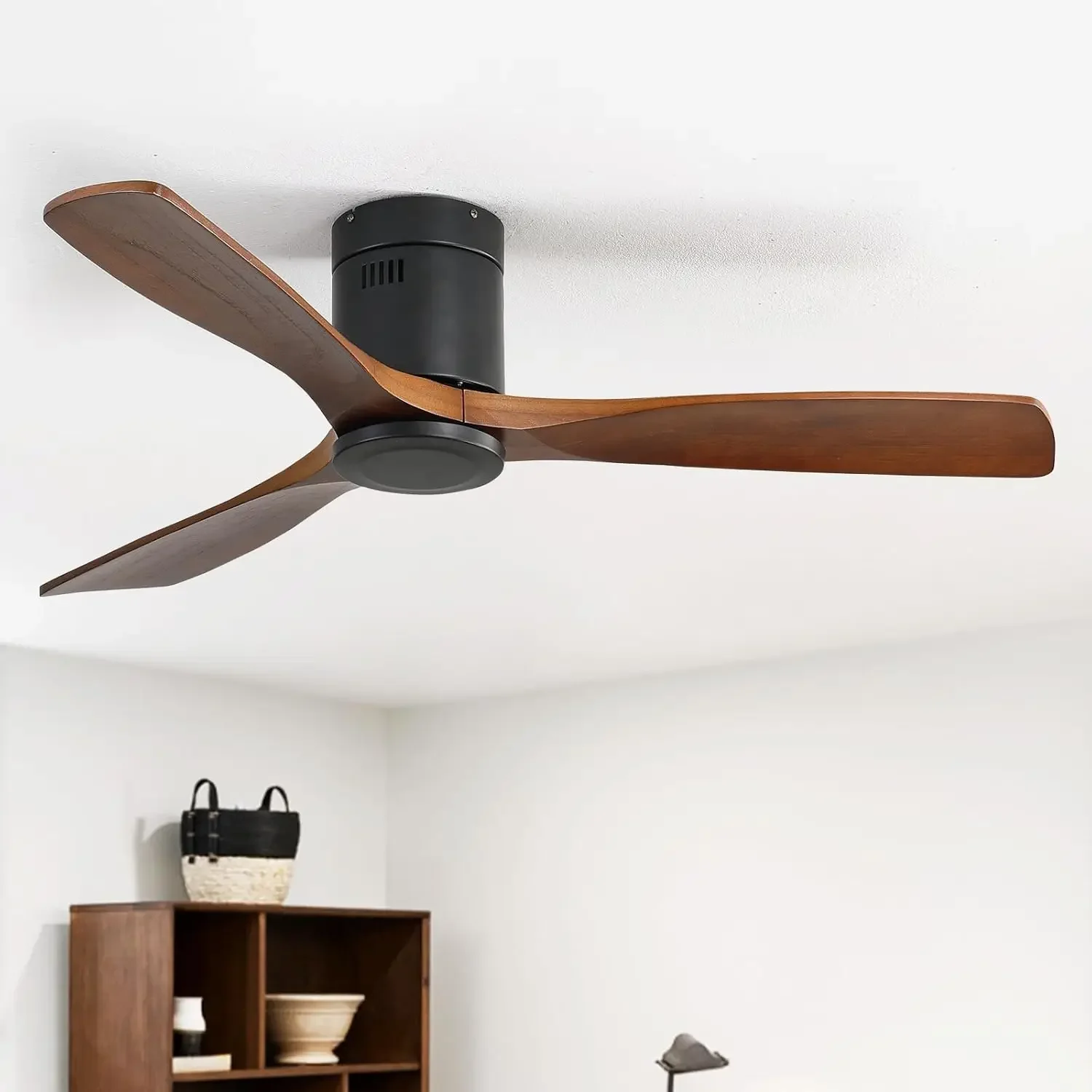 

Ceiling Fan No Light, 52 Inch Low Profile Flush Mount Modern Wood Ceiling Fan with Remote, Reversible Quiet DC Motor, Suitable f