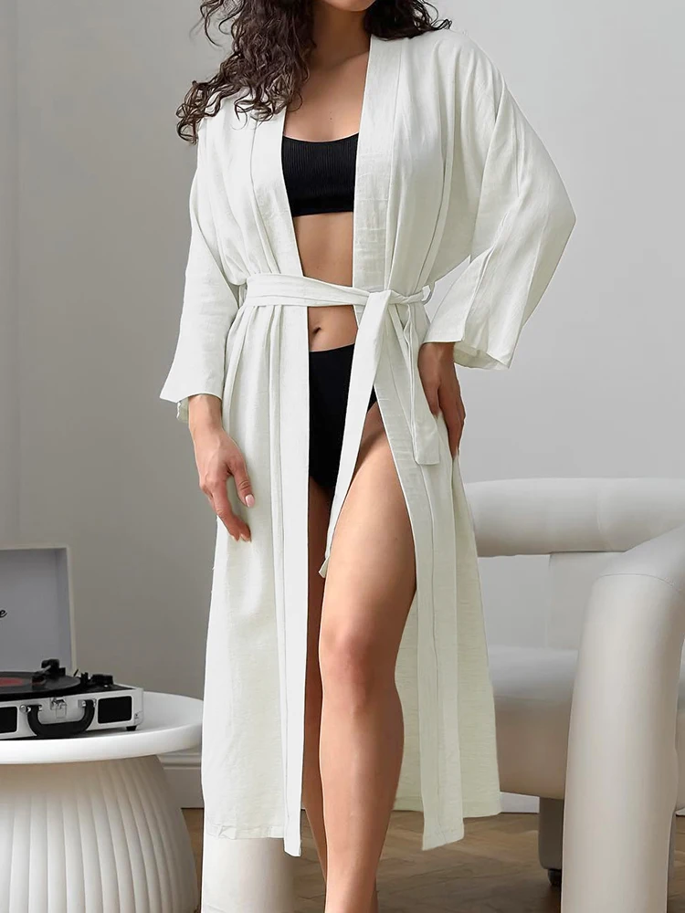 Hiloc Apricot Robes For Women Casual Long Sleeve Sleepwear Sashes Solid Bathrobe Female Elegant 2024 Summer Woman Clothes Cotton