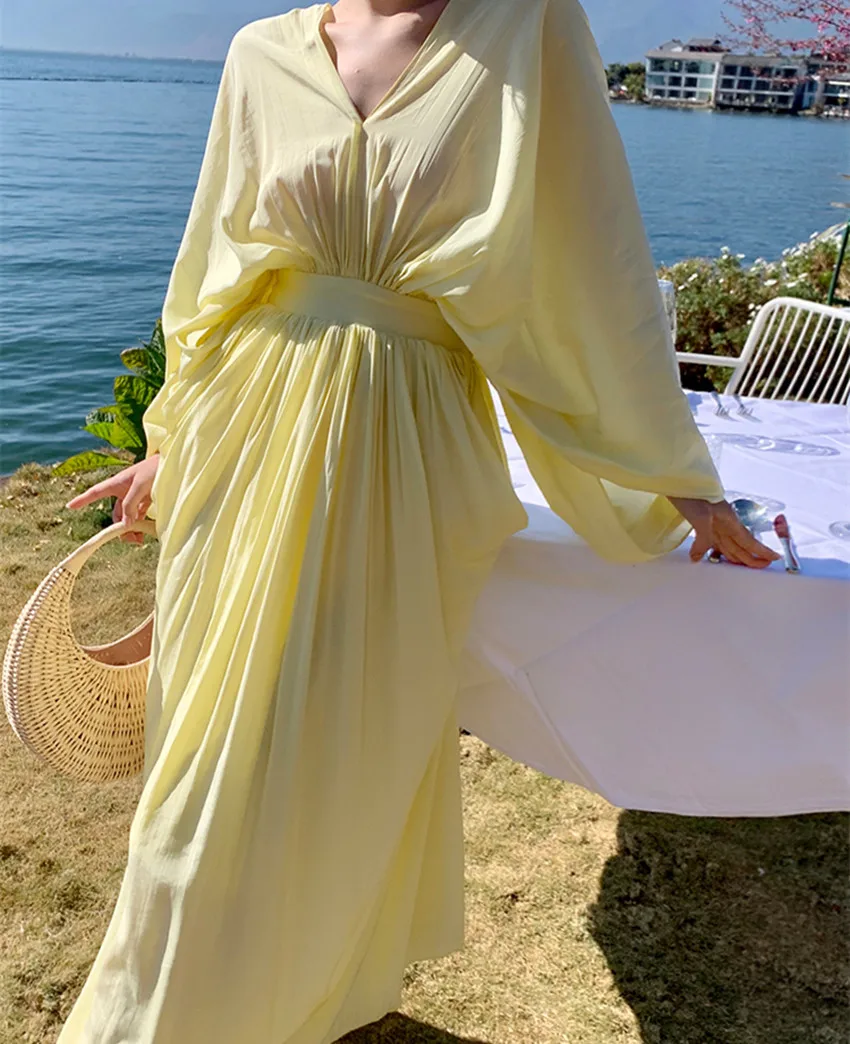 JSXDHK Fashion Design Summer Boho Holiday Style Dress Chic Women V Neck Batwing Sleeve Yellow Backless Sexy Beach Long Vestidos