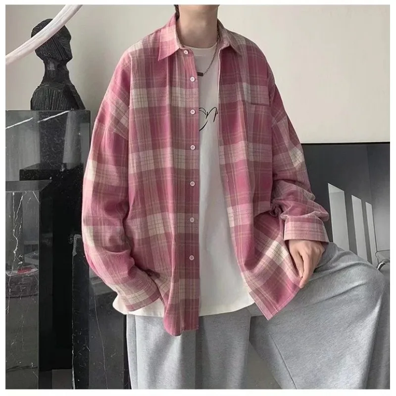 Men's Oversized Pink Plaid Flannel Shirt Long Sleeve Casual Streetwear Button Down Top For Men Spring Autumn Loose Fit