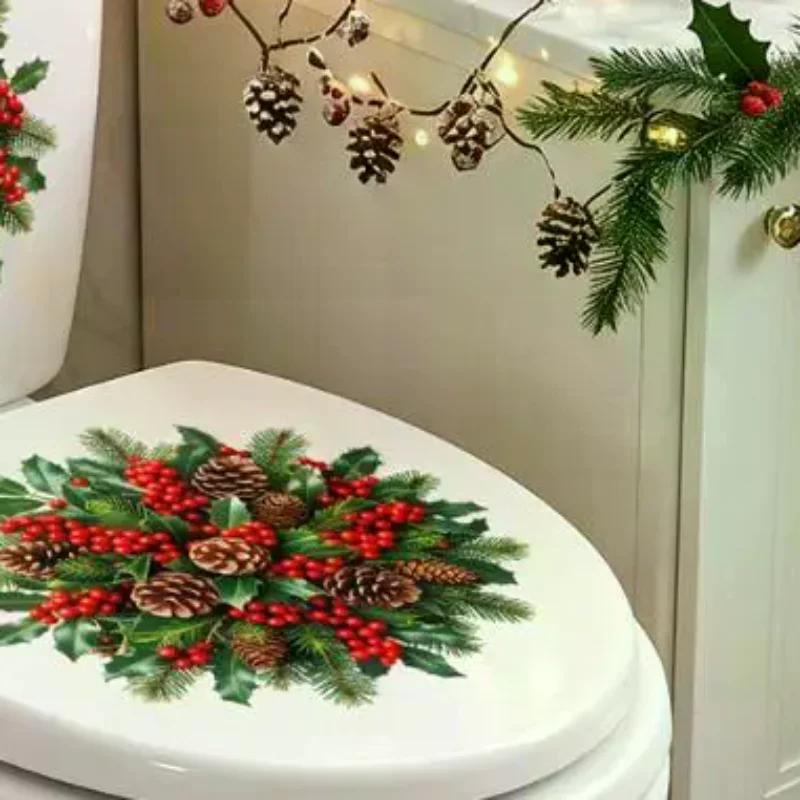 Xmas Pine Wreath Toilet Sticker Tear-Proof Waterproof Removable Bathroom Floor Decal for Home Holiday Decoration