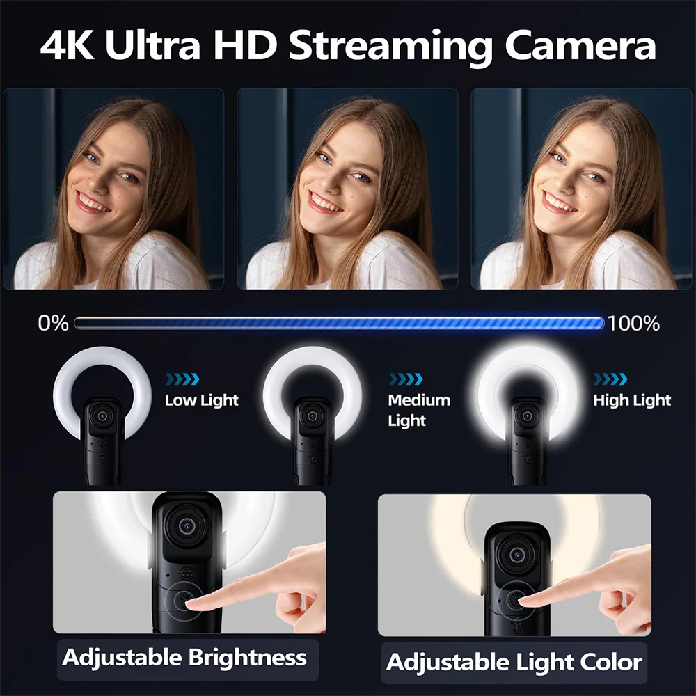 Webcam en Streaming 4K avec mise au point automatique et lumière de beauté AI, micro omnidirectionnel, caméra USB pour Live/YouTube/Zoom, Plug and Play