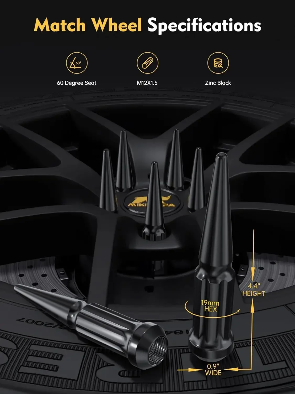 

MIKKUPPA 24pcs M12x1.5 Spike Lug Nuts - 3/4 Inch Hex, 4.4 Inch Tall, Conical Bulge Seat - Black Closed End Wheel Lug Nuts