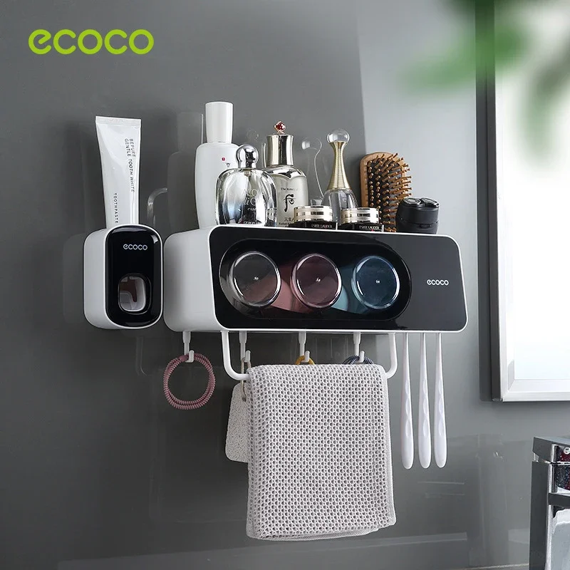 ECOCO No-Punching Wall-mounted Toothbrush Holder Toothbrush Cup Automatic Toothpaste Squeezer Dispenser Bathroom Accessories Set