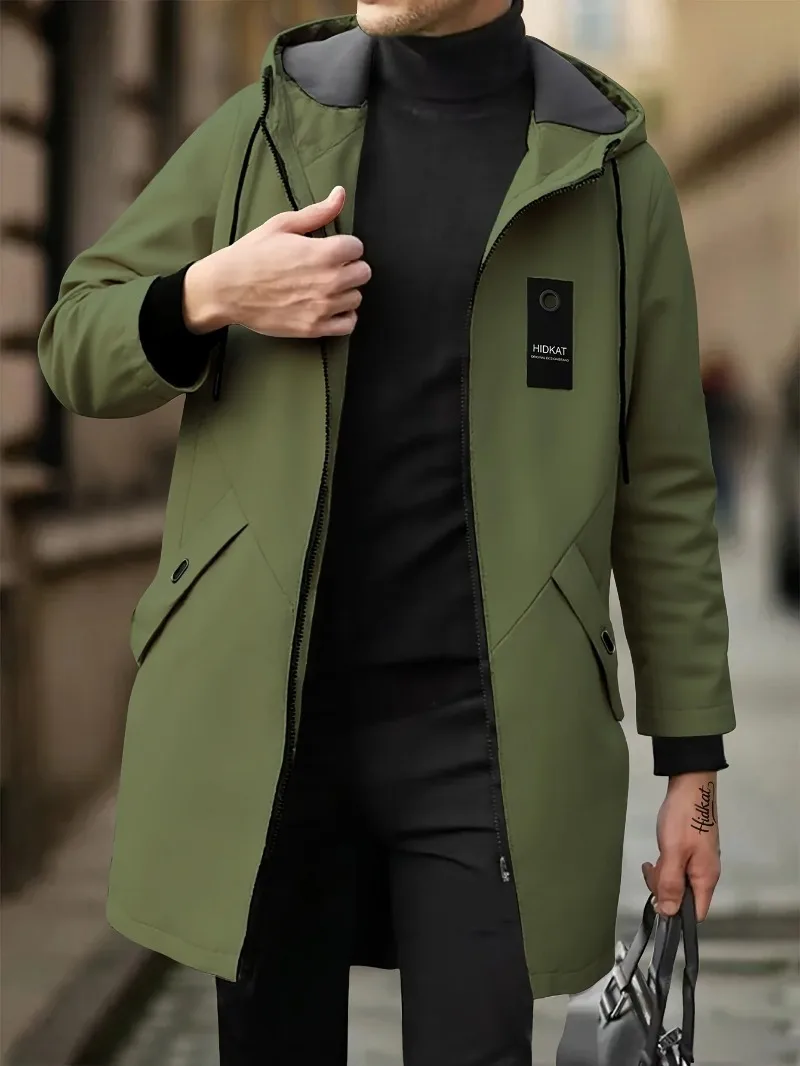 

Men's Lightweight Olive Green Jacket Zip-Up Hooded Coat with Adjustable Drawstring Pockets Non-Stretch Fabric for Hiking Gym