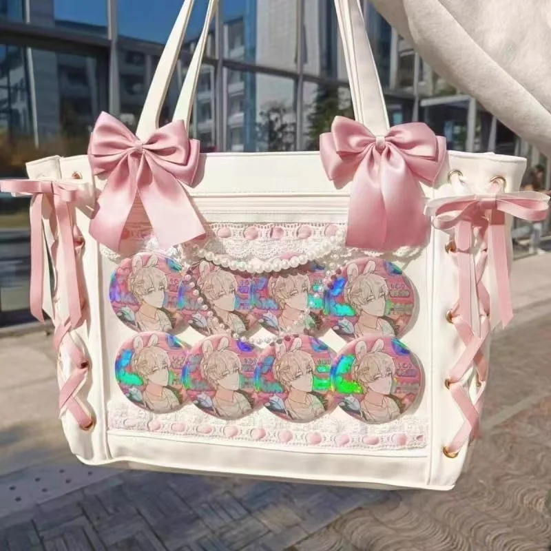 Bolsa Lolita com fita para mulheres sacola de grande capacidade bolsa de ombro estética bolsas transparentes, moda japonesa, mulheres doces, fofas