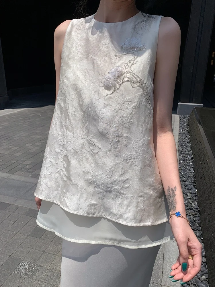 

Женский летний топ DONGNI3 из двухслойного шелкового ацетата с вышивкой, приталенный, классический крой, круглый вырез, для повседневной носки...