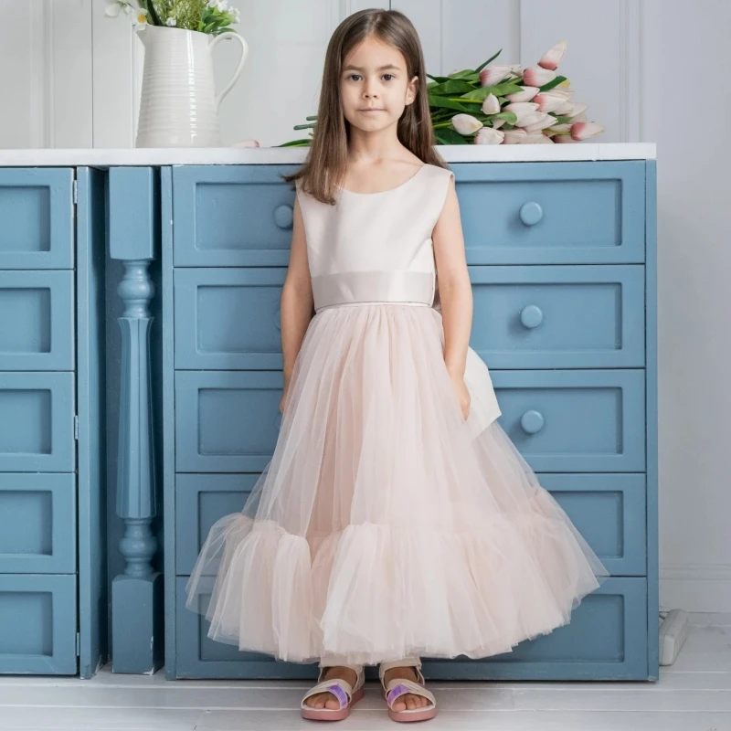 

Flower Girl Dresses Light Pink Tulle Satin Puffy With Big Bow Sleeveless For Wedding Birthday Party First Communion Gowns