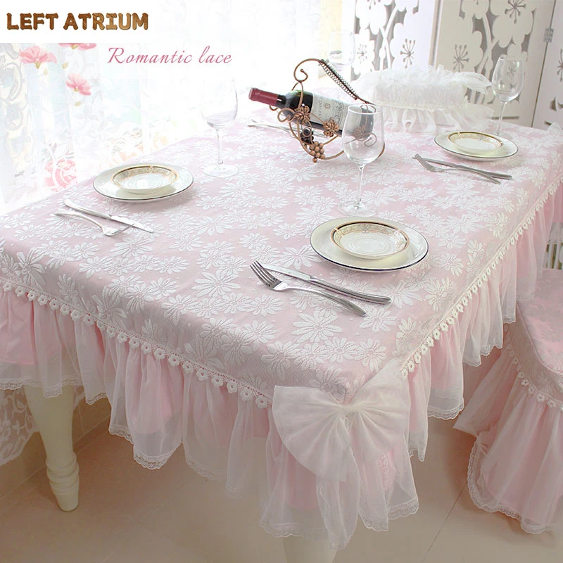 

Korean Lace Tablecloth Garden Fresh Pink Bow Home Diningtable Cloth Rectangular European Wedding Decor Cloth Custom Chair Cover