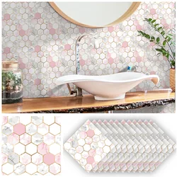 12PCS Pink Thick Marble Patterned Tile Sticker Kitchen Living Room Waterproof Self-Adhesive PVC Wall Stickers Room Decoration