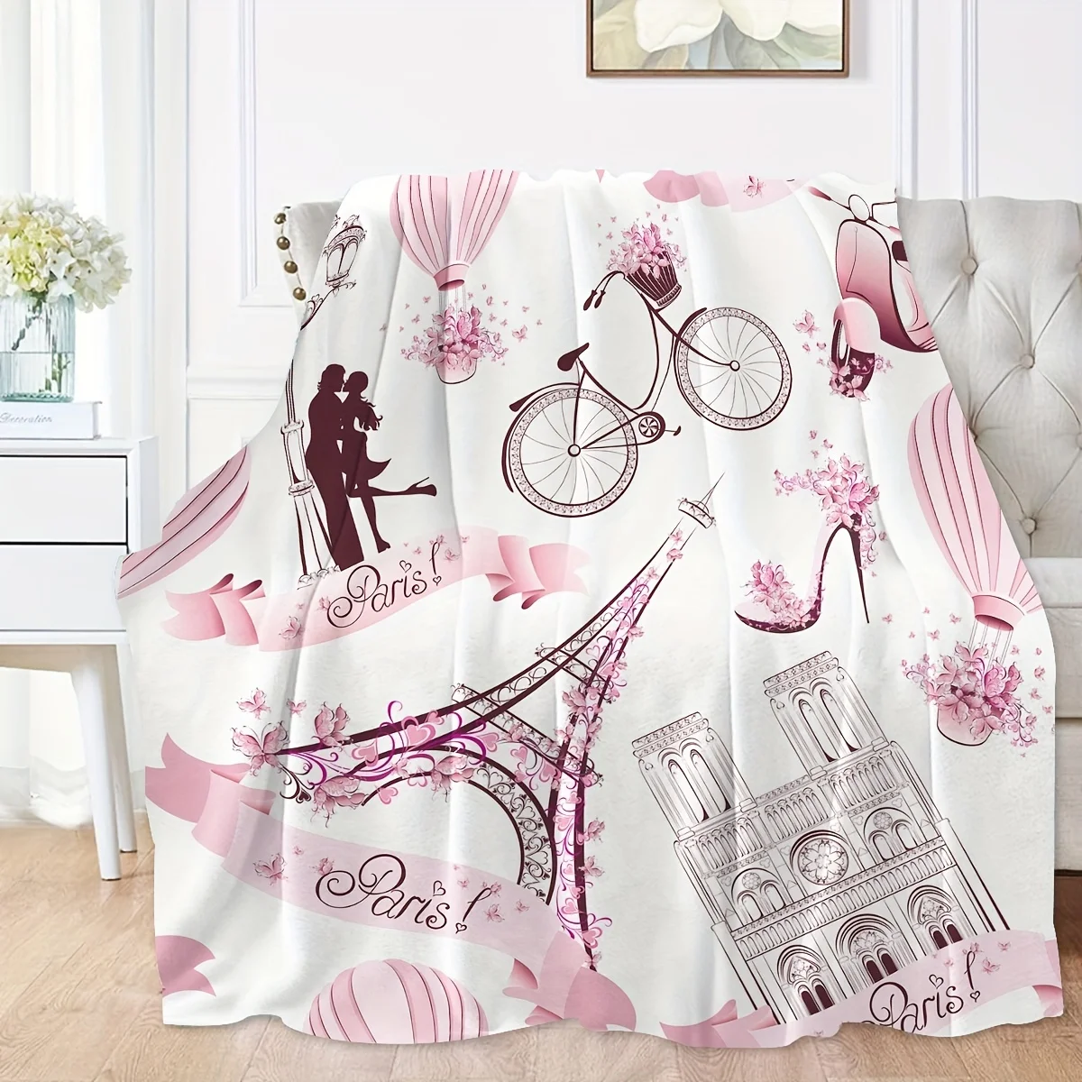 Eiffel Tower Paris-Themed Soft Flannel Throw Blanket - Versatile for Couch,, Office, and Travel - Machine Washable, All-Season C