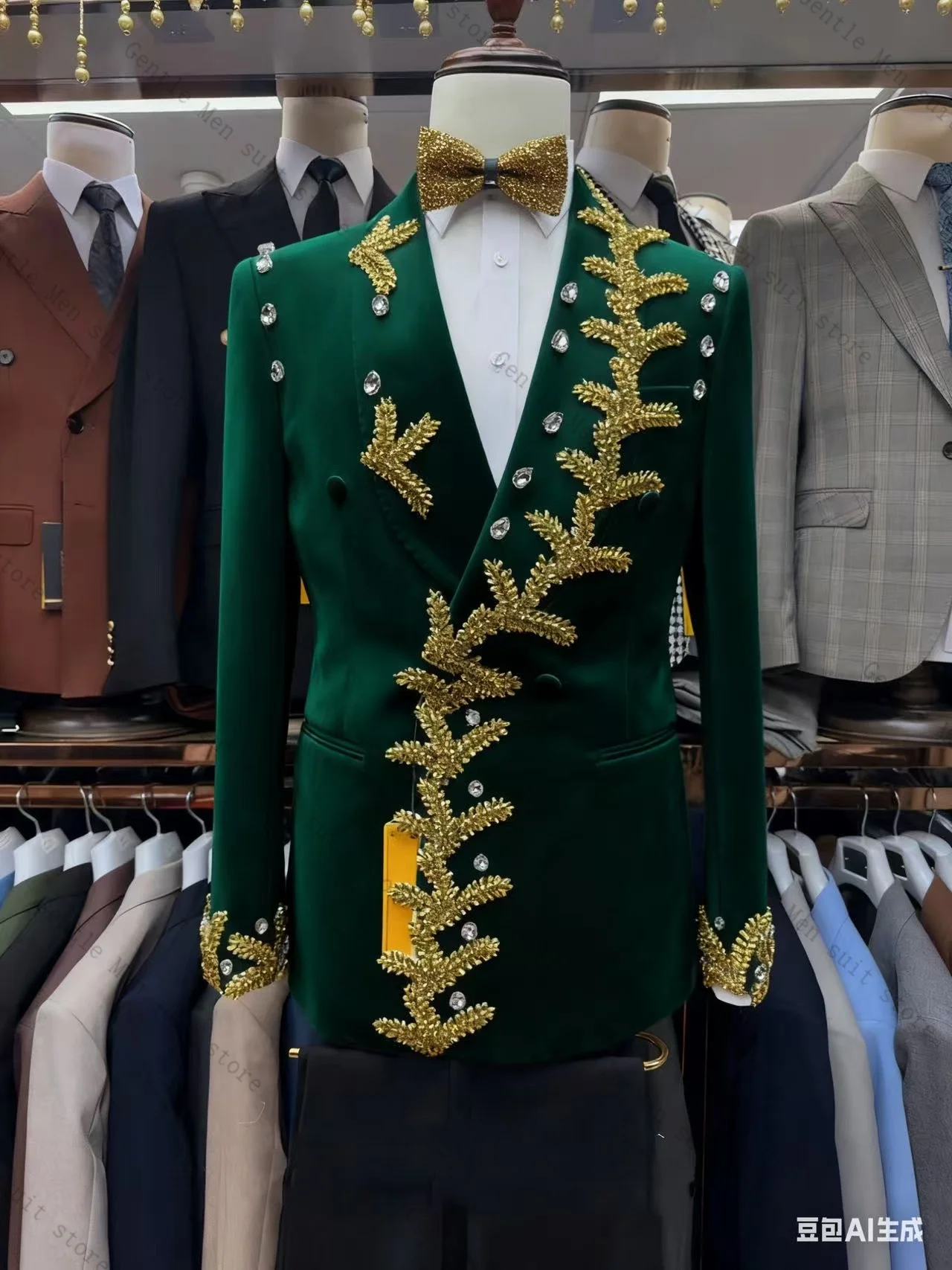 Conjunto de terno masculino com contas douradas, 2 peças, blazer + calças pretas, smoking de casamento, jaqueta formal de escritório, casaco de baile personalizado