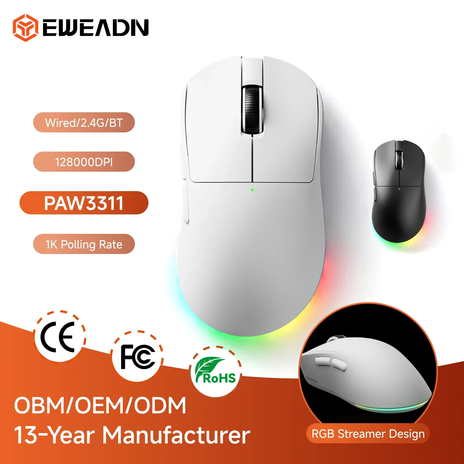 EWEADN GS02 Pro Tri-Mode Wireless Mouse PAW3311 12800DPI 1000Hz 500mAh Ergonomic Lightweight for Gaming Office PC Laptop Gift