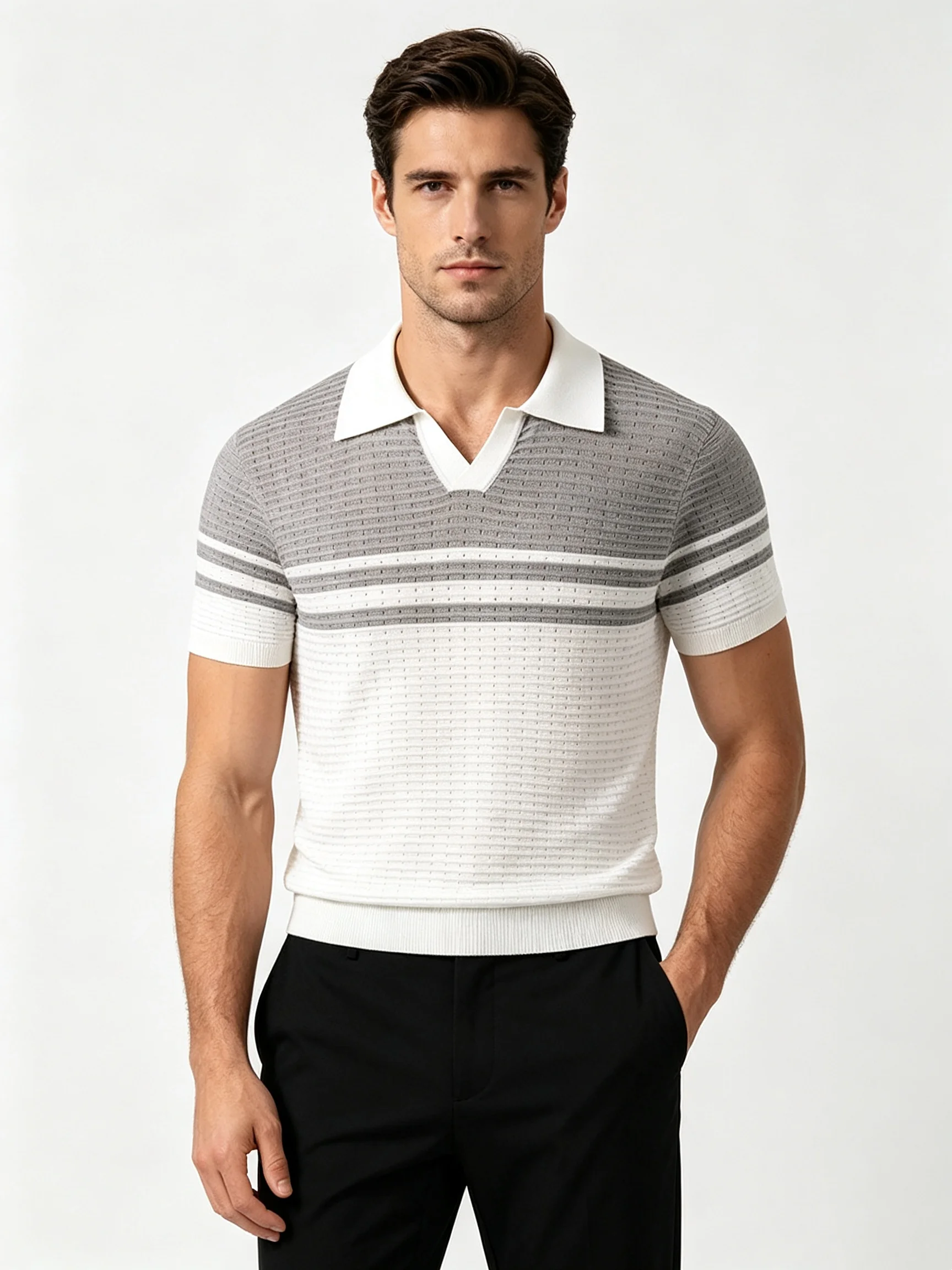 Men's Gradient Stripe Knit Polo Shirt Short Sleeve V Notch Lapel Collar Hollow Texture Summer Casual Top