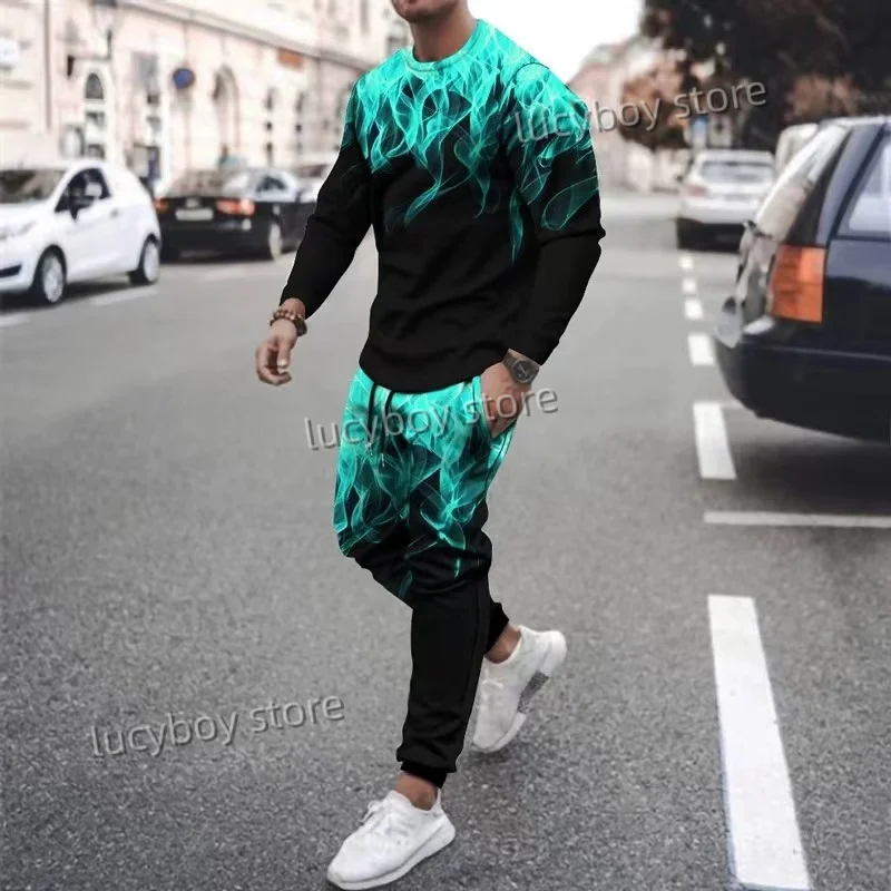 

2 Piece Sets Sport Tshirts Joogers Men's Tracksuit Colored Flame Pattern 3D Printed Long-Sleeved T-shirt Trousers Men Clothing