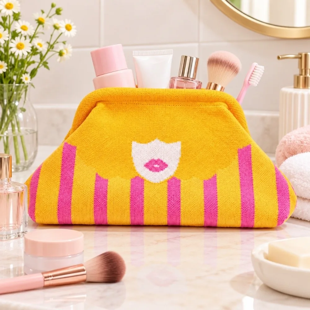 Washable Knitted Clutch Bag Lightweight Polka Dots Striped Cosmetic Handbag Unique Color-Blocking Lip Printed Evening Bag
