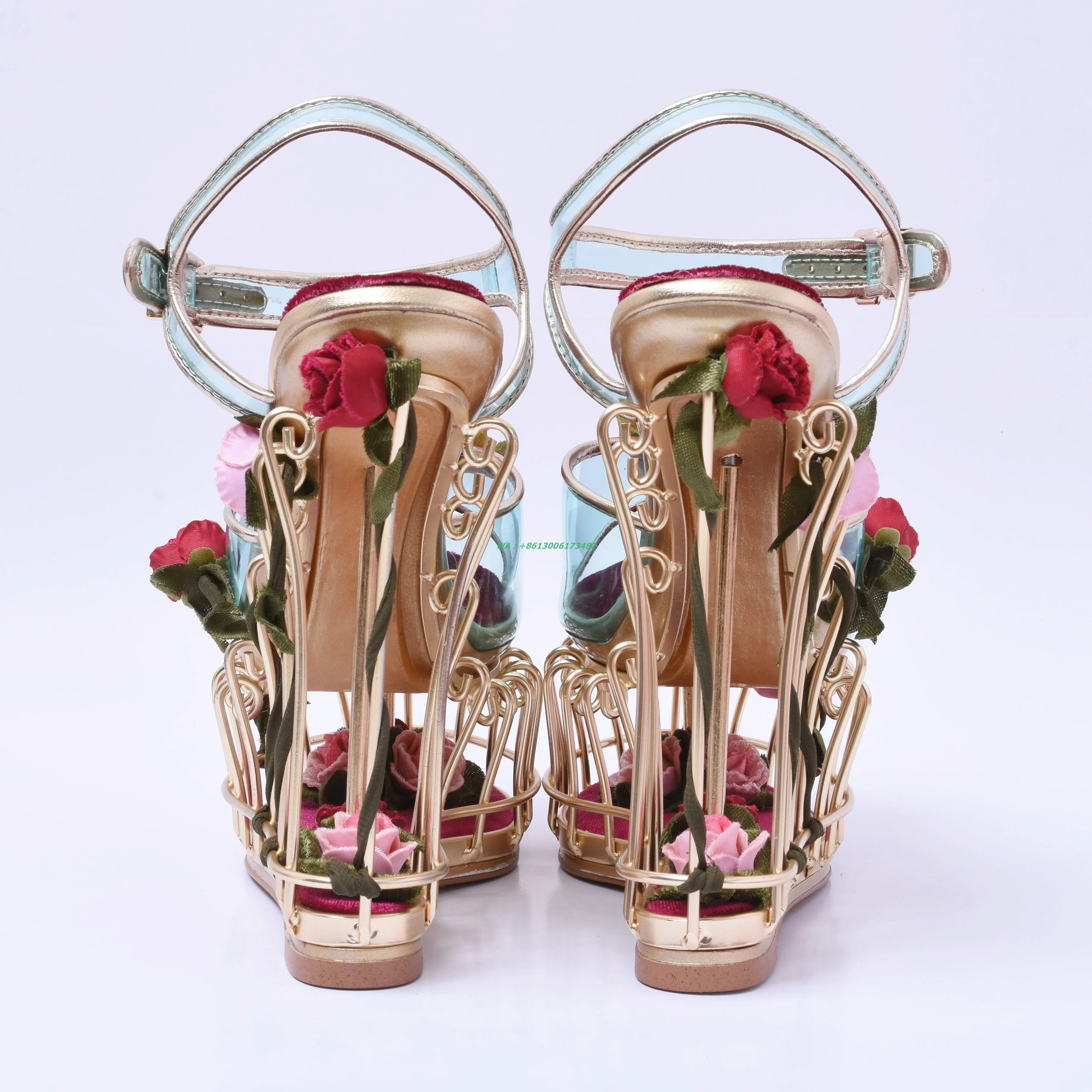Design Women's Gold Birdcage Wedge Sandal with Open Toe High Platform Buckle Sexy Lady Flowers PVC Fashionable Summer Sandal