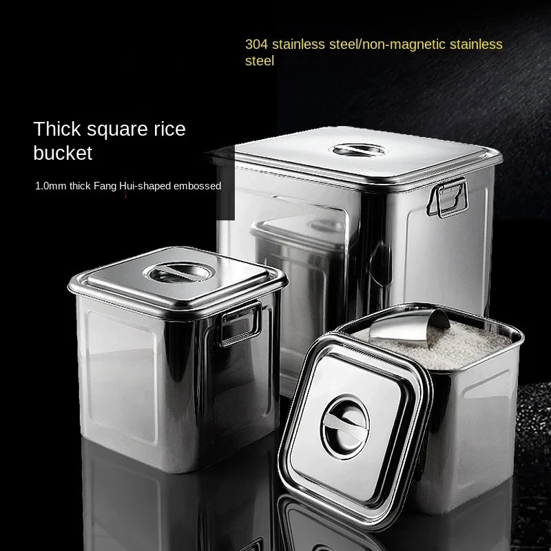Square Rice  Stainless Steel Storage Barrels Square Bucket Kitchen Rice Bucket Rice Bin SoupStorage Home Thickened Square Box