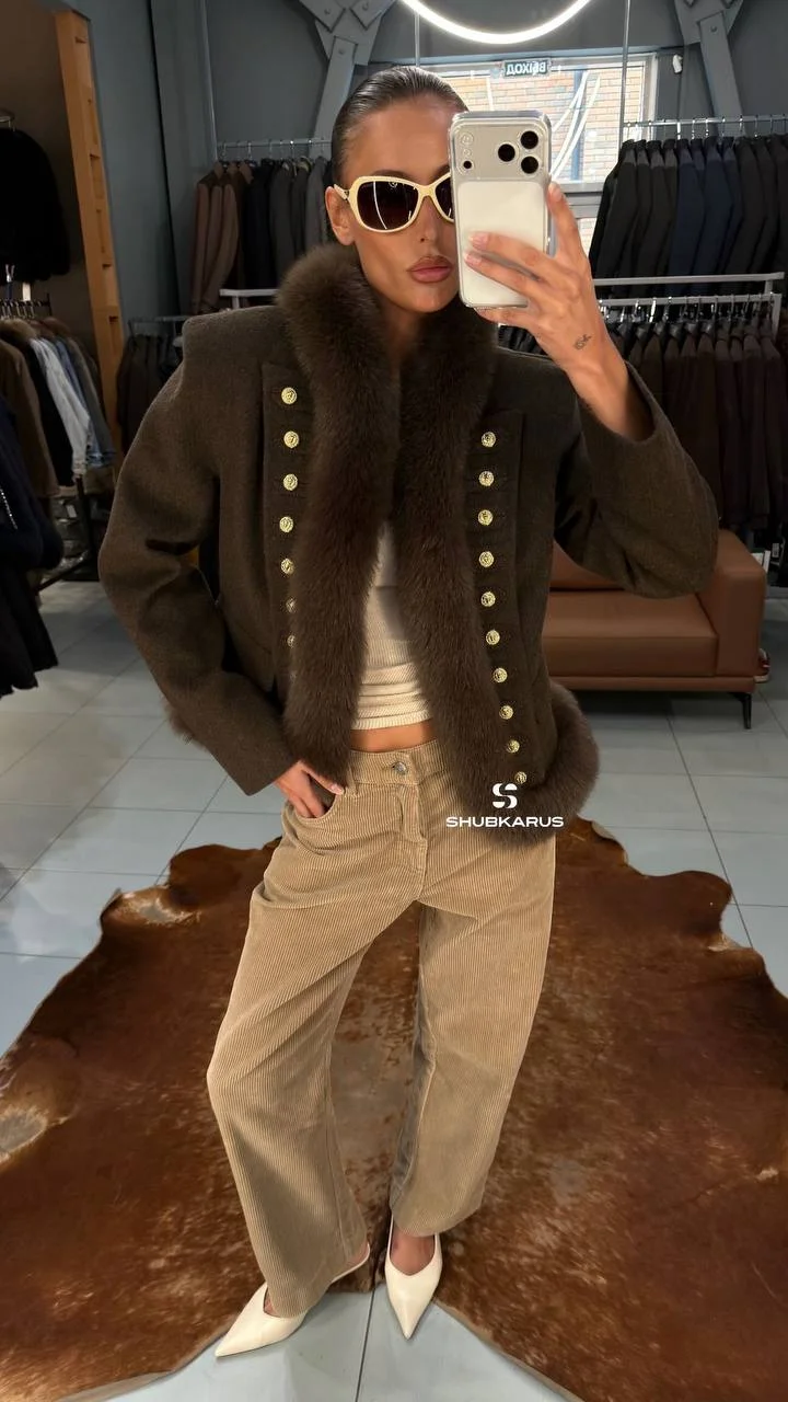 LAUR 2026 Women Short Wool Jacket Big Fur Collar With Golden Embroidery Luxury Autumn Fashion Outerwear