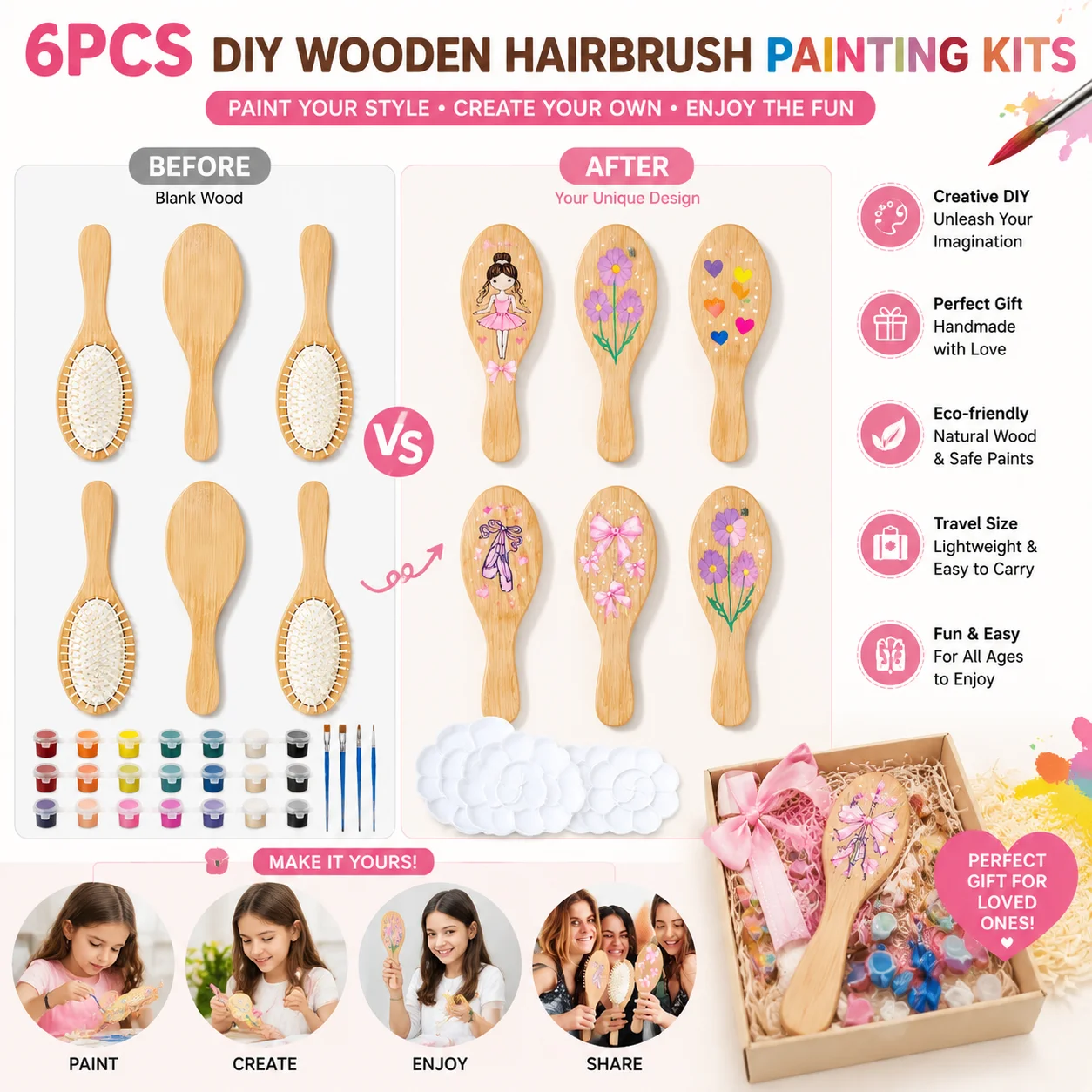 パーソナライズされた木製ヘアブラシ-diy-ペイントキット-マルチカラーペン付き-自分で作るトラベルヘアブラシ-友人へのギフト-6個入り