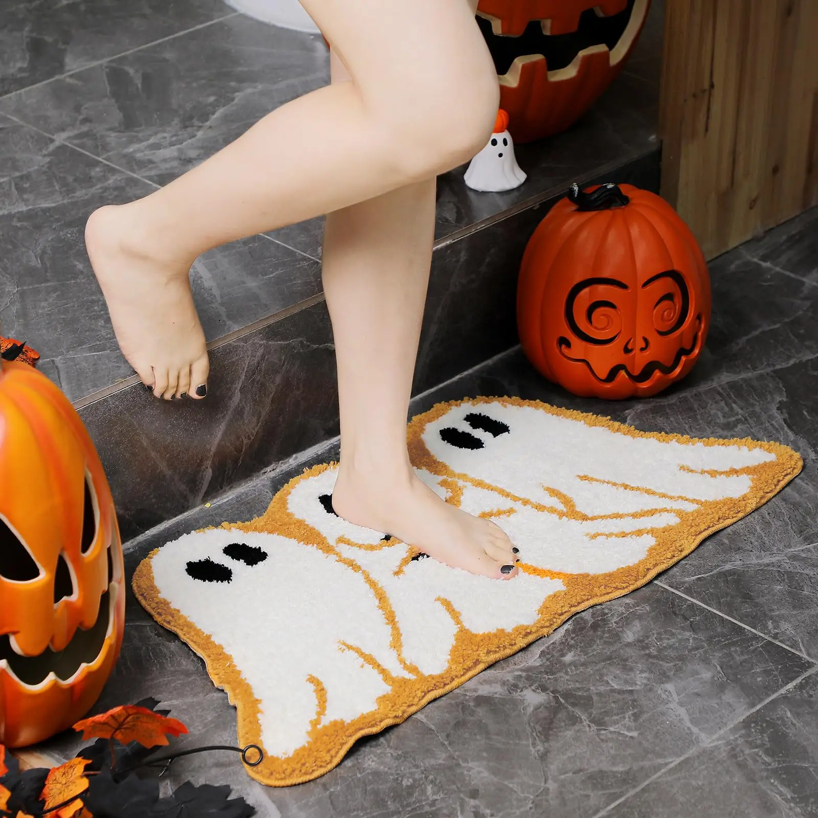 Halloween Ghosts Hold Pumpkin Faux Cashmere Doormat Non‑Slip Absorbent Floor Mat for Entrance Bathroom Home Party Decor