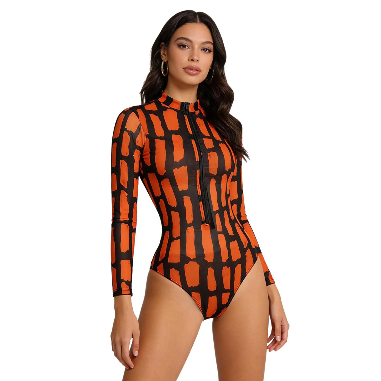

Модный женский слитный купальник с длинными рукавами для защиты от солнца, с воротником-стойкой на молнии, с принтом, для плавания, пляжа и серфинга