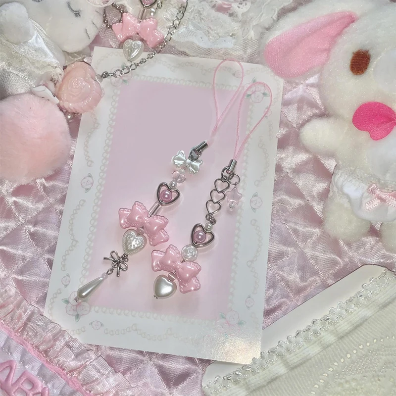 Y2K Pink Bowknot Heart Beaded Keychain Sweet Cute Mobile Phone Lanyard Fresh All-match Bag Pendant Purse Hanging Decoration