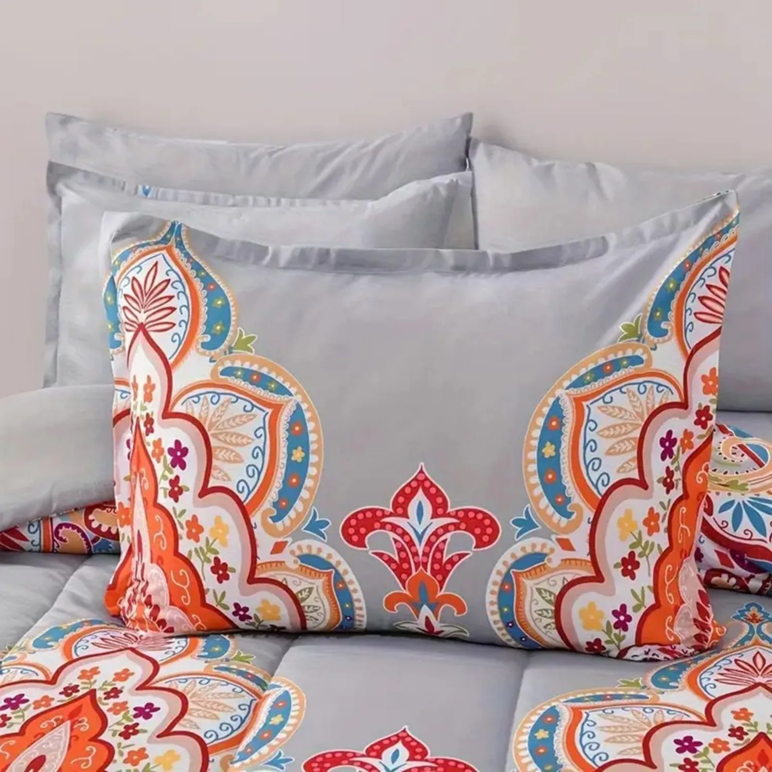 Conjunto de edredom duplo de 2 peças, padrão Boho, cinza com floral arco-íris