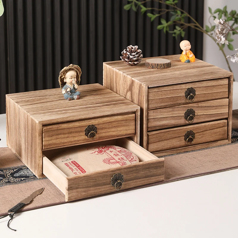 Solid Wood Pu-erh Tea Storage Box, Chinese Drawer Organizer, Multi-Tier Tea Cake Packaging Gift Box,Desktop Display Holder