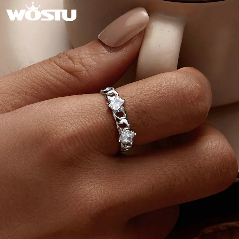 WOSTU 925 Sterling Silver Punk Cuban Chain Ring with Shiny CZ For women Fashion Gift Opening Ring Girl Hip Hop Jewelry Gift