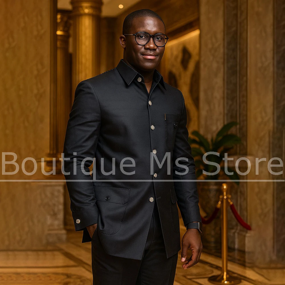 

Men's Black Single Breasted Suit Set with Buttons Tailored Fit Elegant Formal Attire for Business Meetings Wedding 2 Piece