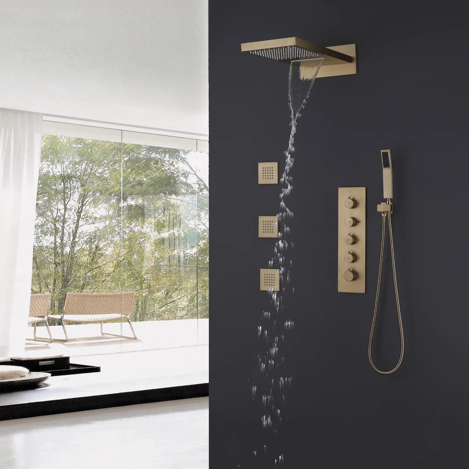 Gold hidden copper thermostatic shower head with embedded family hotel bathroom waterfall shower system