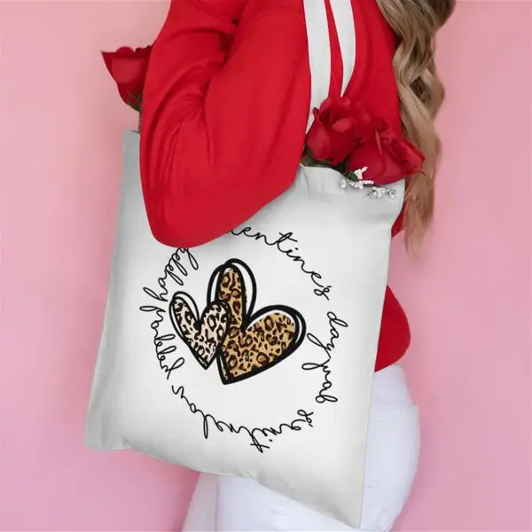 

Leopard Print Love Heart Shoulder Bag Women Eco Durable Shopping Bag Casual Perfect Valentine's Day Gift for Her Canvas Tote Bag